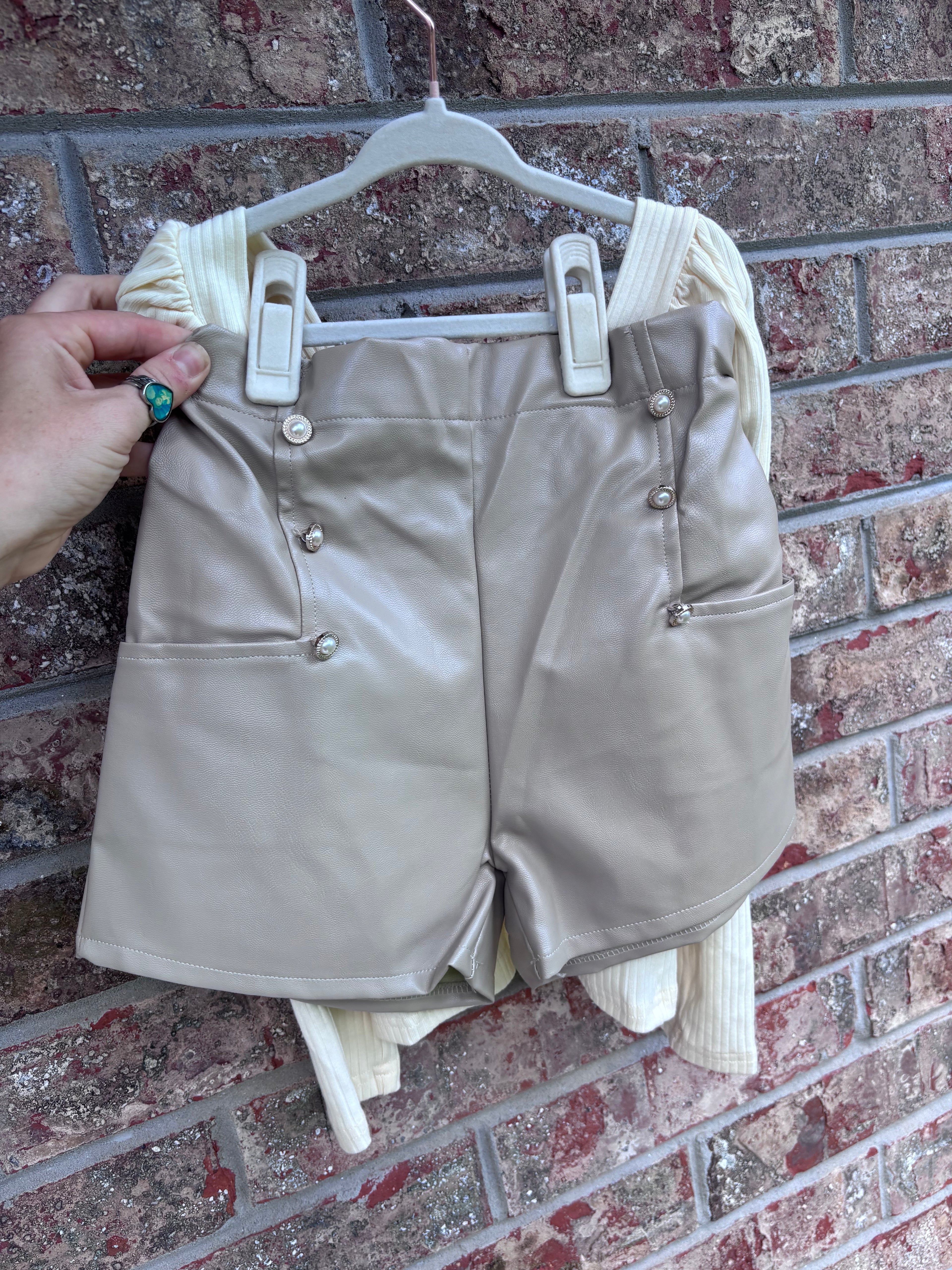 Long Sleeve & Leather Shorts Set